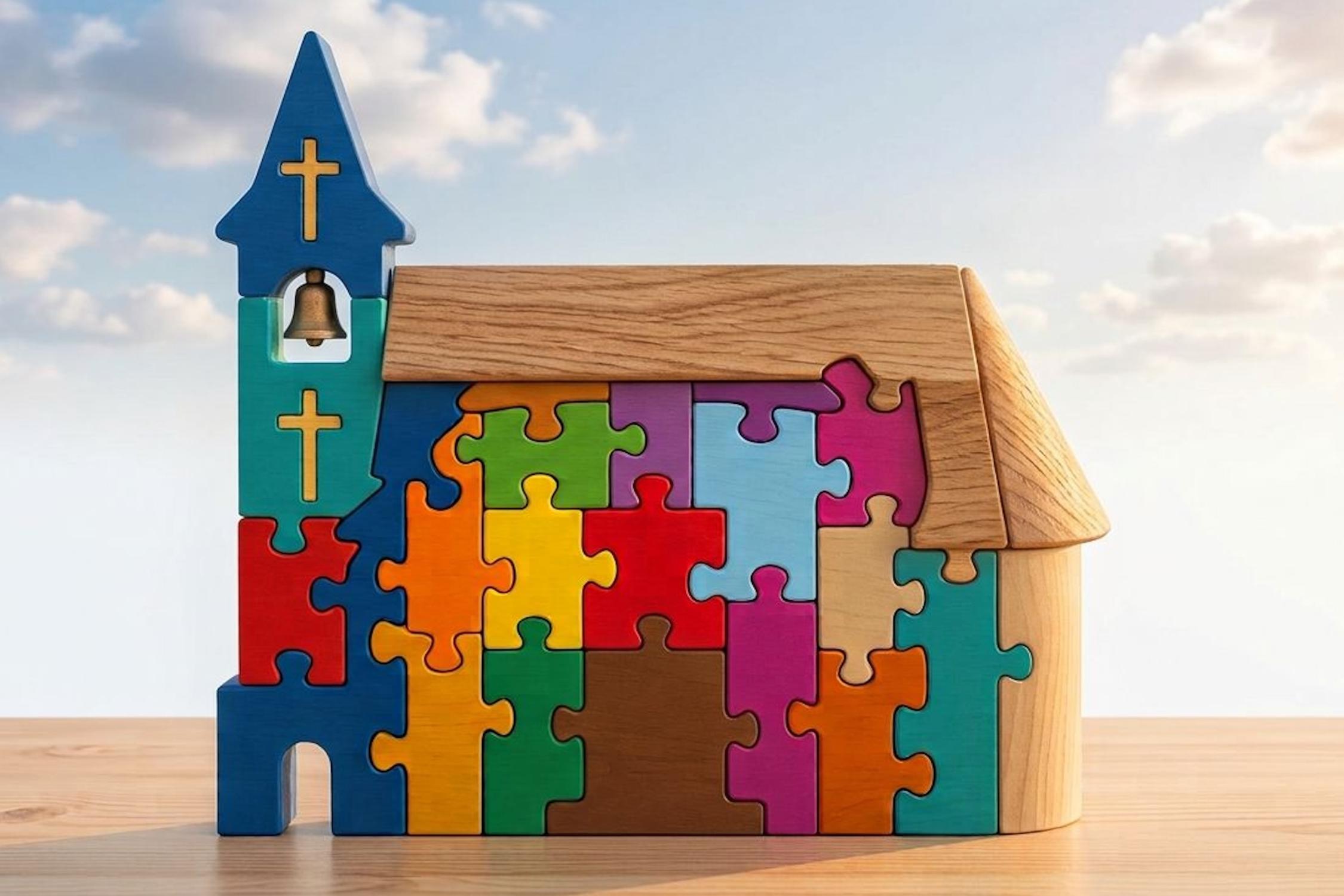 Bunte Kirche - aus Holzpuzzleteilen zusammengesetzt